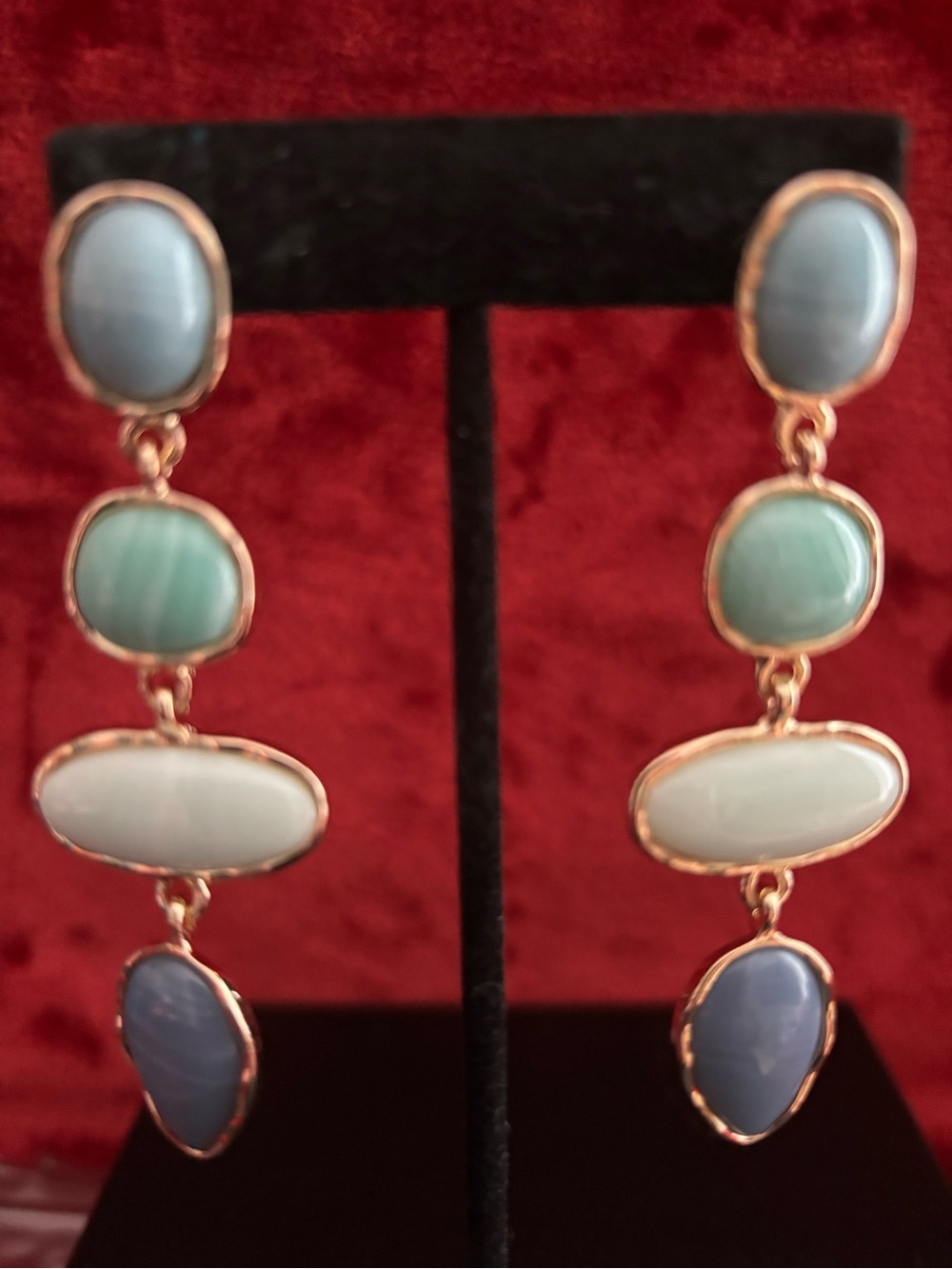 Multi-Stone Blue and Green Drop Earrings - Goldtone Setting